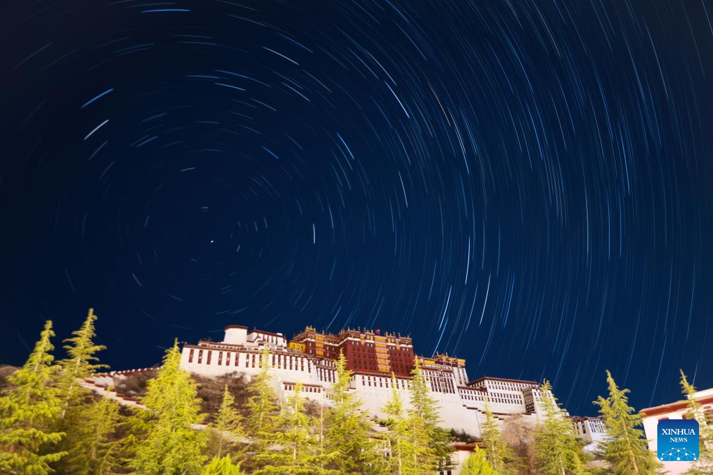star trails over Potala Palace in Lhasa, Tibet