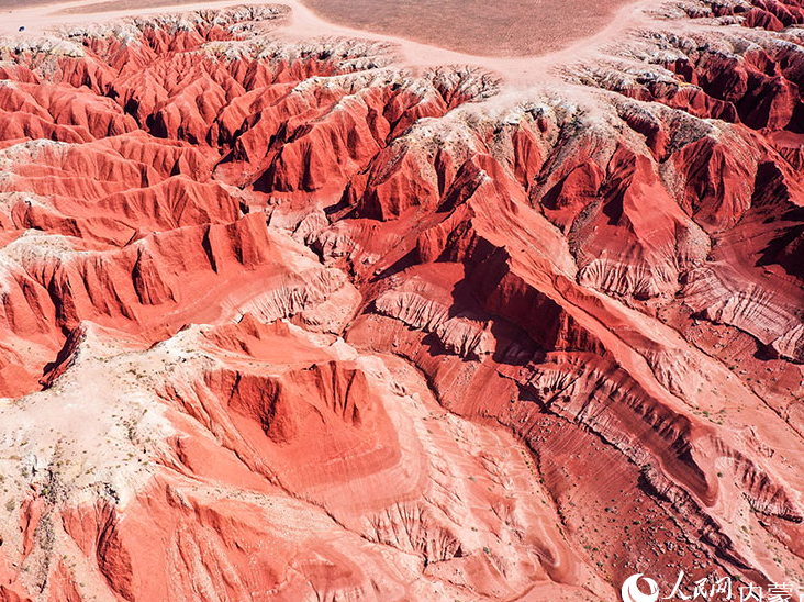 Magnificent aerial views of red-hued Dahong Mountain in N China's Inner Mongolia