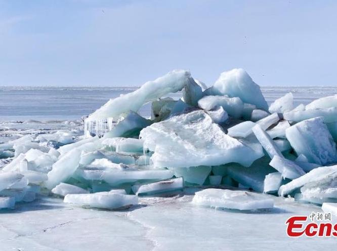 Blue ice chunks stack up along Qinghai Lake